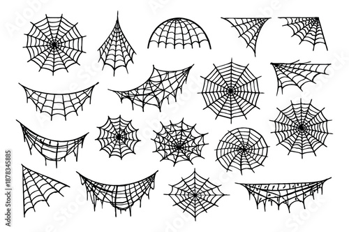 Hand drawn line art spider web set featuring various shapes and styles for Halloween decorations