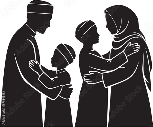 Family of four in traditional attire embracing each other