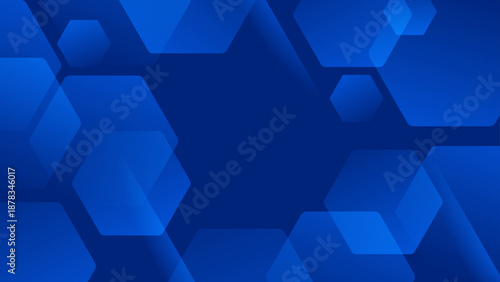 Multiple layers of semi-transparent hexagons in various shades of blue creating a high-tech honeycomb structure
