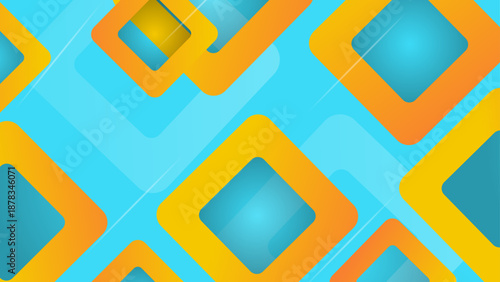Sunny yellow and orange square shapes floating over a vibrant light blue cyan gradient backdrop