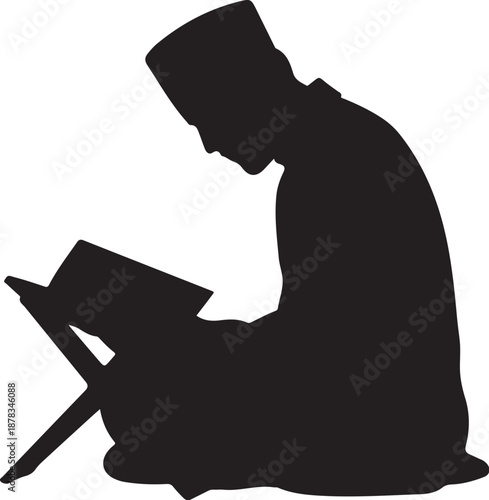 Person in traditional attire praying with a book silhouette