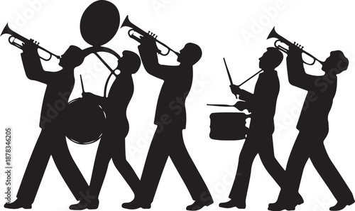 Silhouette band marching with brass instruments and drums