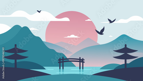 Minimal Japanese Zen Landscape Vector