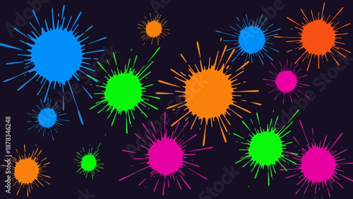 Vibrant abstract illustration featuring colorful spiky balls and circles on a dark background from a straightforward viewpoint