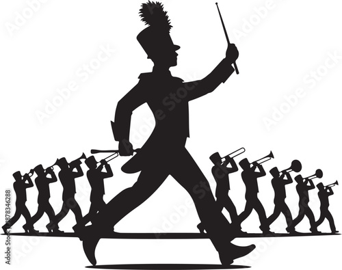 Silhouette of a marching band conductor leading musicians