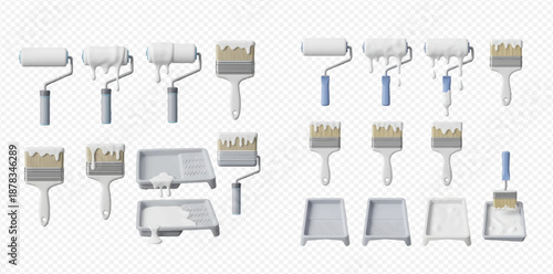Set of realistic paint rollers, brushes, and trays with white paint for renovation and home improvement.