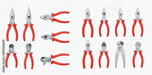 Collection of various pliers with red handles, including needle-nose, cutting, and combination pliers, isolated on a transparent background.