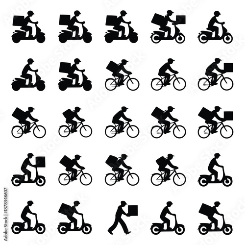 Collection of silhouettes depicting delivery riders in various poses on bicycles and scooters with packages