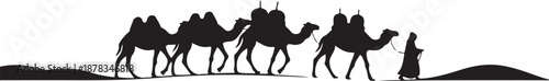 Silhouette of camels and person walking in desert landscape