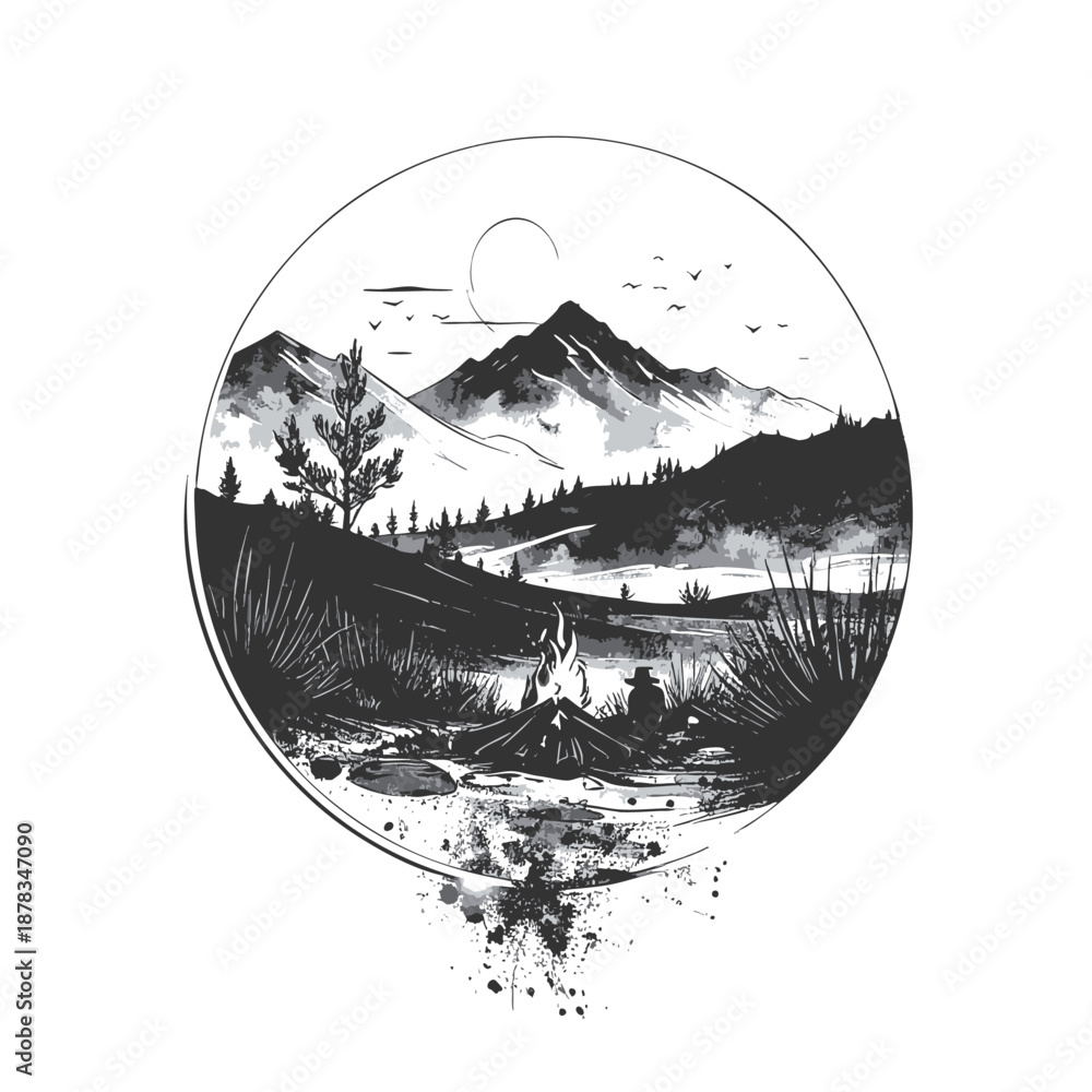 Obraz premium American Frontier Minimalist Black Ink Vector Logo