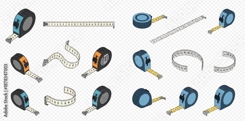 Set of isometric tape measures in various positions, including extended and coiled, for construction and measurement tasks.