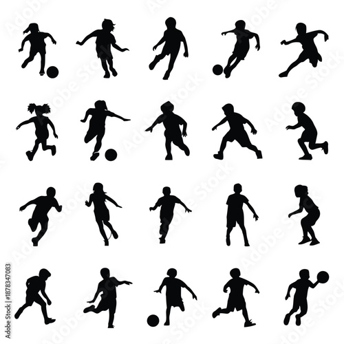 collection of black silhouettes of soccer players in various poses and movements on white background