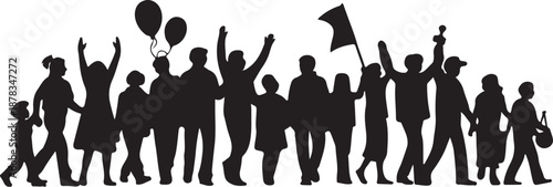 Silhouette of diverse group of people marching with flags and balloons