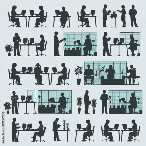 Office workers engaged in various activities at desks with computers and plants in modern office settings daily