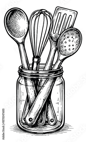 Hand drawn line art kitchen utensil set featuring a whisk, spatula, and spoons in a jar for cooking and baking
