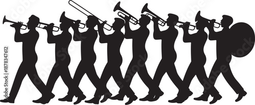 Silhouette of marching band playing brass instruments