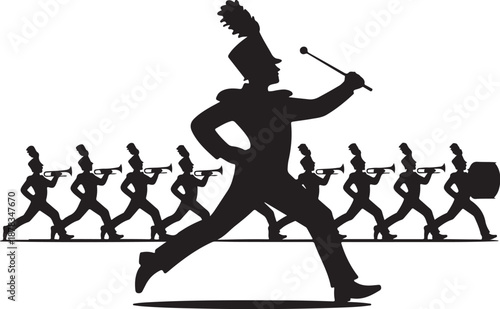 Silhouette of marching band with drum major in front