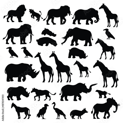 Collection of various african animal silhouettes in different poses and sizes high quality professional detailed modern