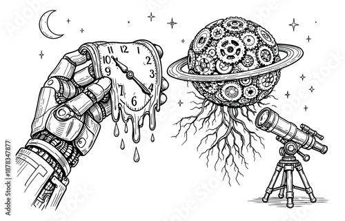 Hand drawn line art steampunk fantasy set featuring a robotic hand, a melting clock, a gear planet, and a telescope for concepts of time, science, and exploration