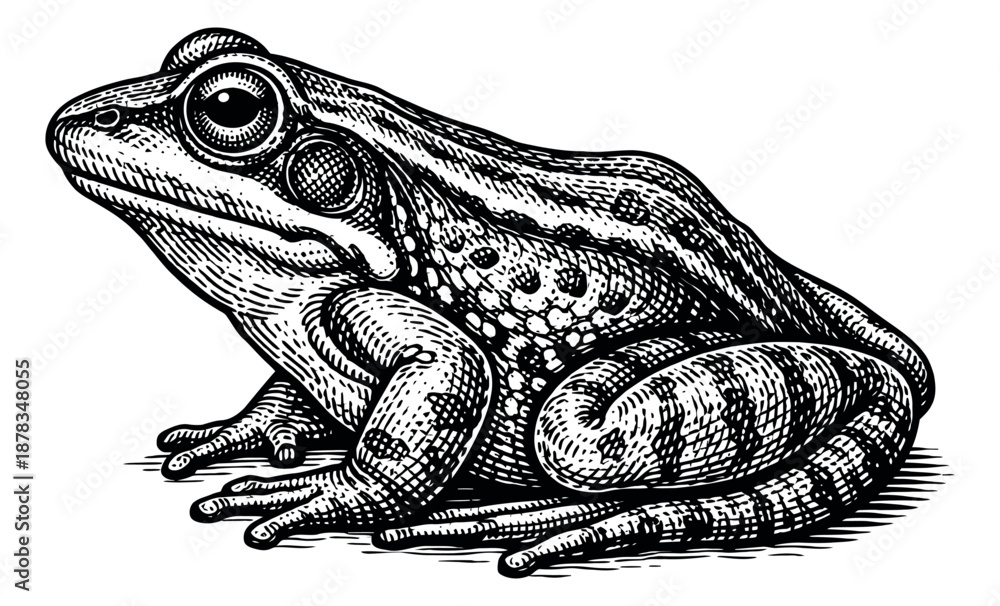 Naklejka premium Vintage hand drawn line art illustration of a frog depicting a detailed amphibian for nature and zoology