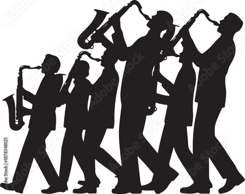Silhouette of musicians playing saxophones walking in a line