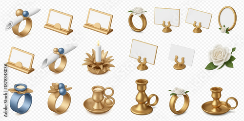 Elegant gold and blue wedding accessories, including napkin rings, place card holders, candle holders, and roses, isolated on a transparent background.