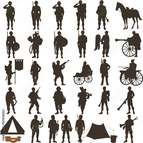 Silhouette icons of soldiers military equipment and historical war symbols in various poses and actions depicted