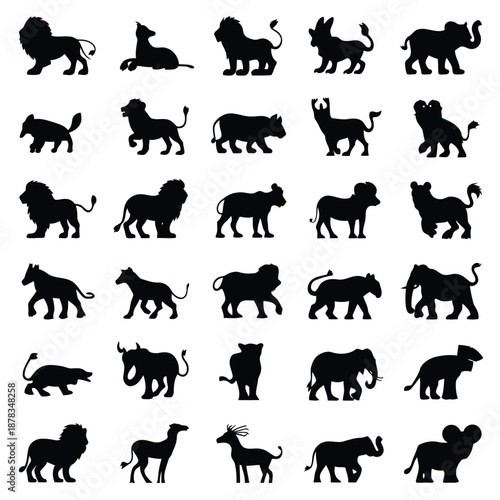 Collection of various animal silhouettes in different poses and species on white background high quality professional