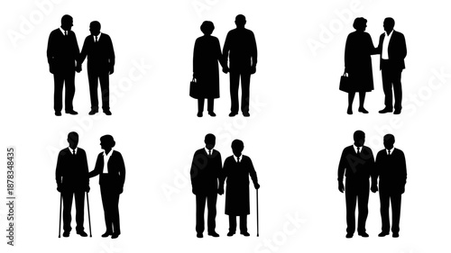 black silhouettes of people in business attire standing in pairs
