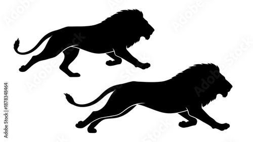 two black silhouettes of lions running side by side