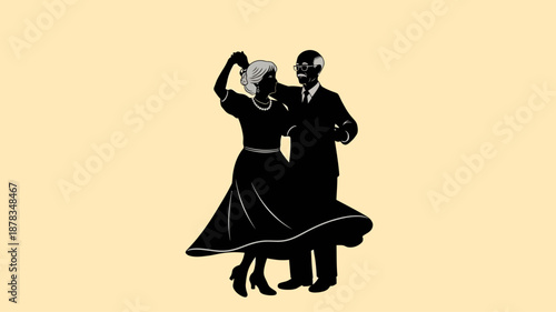 a black silhouette of a dancing couple in a formal outfit
