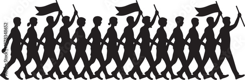 Silhouette of people marching with flags in a protest