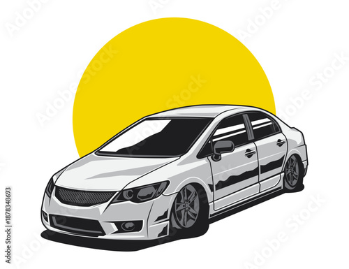 Sedan Car In White Accent Along With Circle Background For Vector Image Graphic