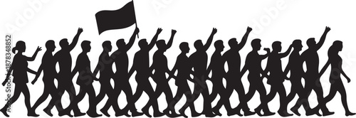 Silhouette of people marching with raised fists and a flag