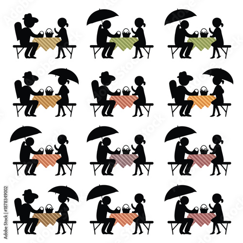 couples sitting at tables under umbrellas in various colorful settings together high quality professional detailed modern