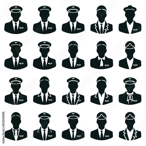 Collection of twenty black silhouettes of pilots in various uniforms and hats on white background