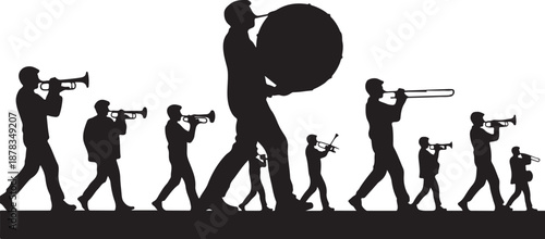 Silhouettes of musicians playing brass instruments in a marching band