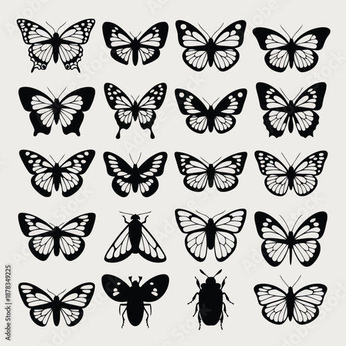 Collection of black and white butterfly silhouettes in various poses and patterns on a plain background