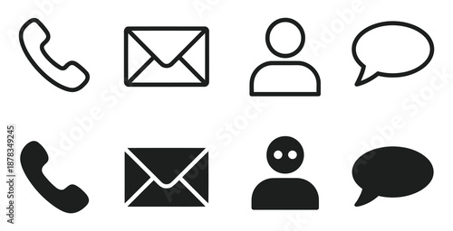 Contact communication icons including telephone call, envelope email, user profile avatar, and chat bubble in outline and solid vector styles.