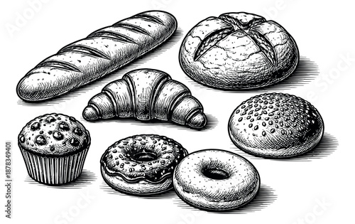 Hand drawn line art bakery items set featuring a baguette, croissant, rolls, donuts, and a muffin for cafe menus and recipe books