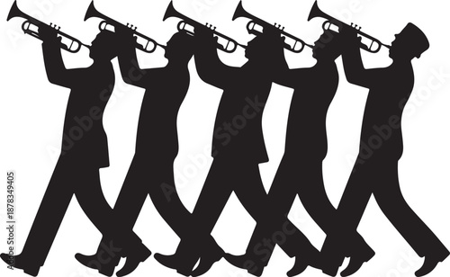 Silhouettes of musicians playing trumpets in a marching band