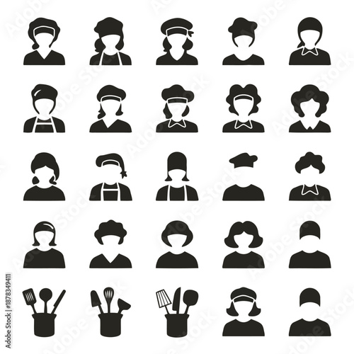 Collection of black and white chef and kitchen worker icons with various utensils high quality professional