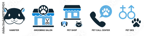 Set of veterinary and pet care icon vector for animal clinics. Ideal for grooming, medical tools, food supplies, toys, and general pet service symbols.