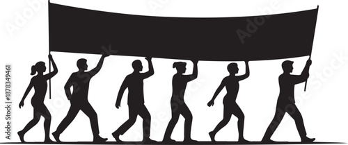Silhouettes of people holding a large black banner