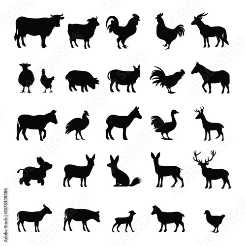black silhouettes of various farm and wild animals on white background high quality professional detailed modern