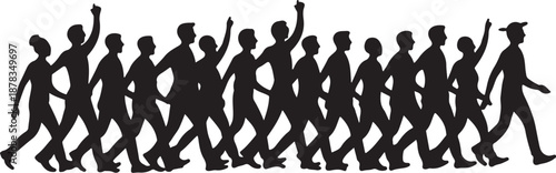 Silhouettes of people marching with raised fists protest