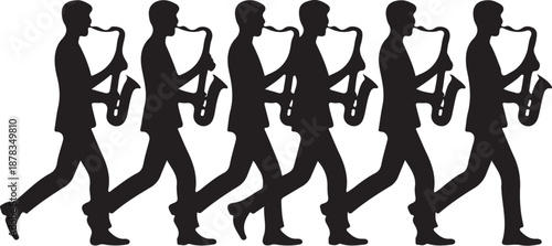 Six black silhouettes playing saxophones while walking in a line