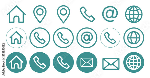 Contact information icons illustrating communication channels including address, phone, email, website, and location details, vector design for business.