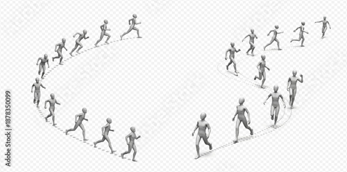 Running people animation frames, 3D render of a person in various running poses, isolated on transparent background.