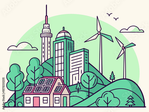 A futuristic eco-city skyline with lush greenery